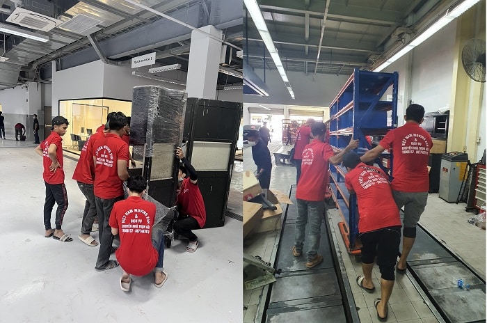 Đội ngũ nhân viên VietMoving đang thực hiện di dời kho xưởng tại công ty tại KCN Tân Bình - TPHCM